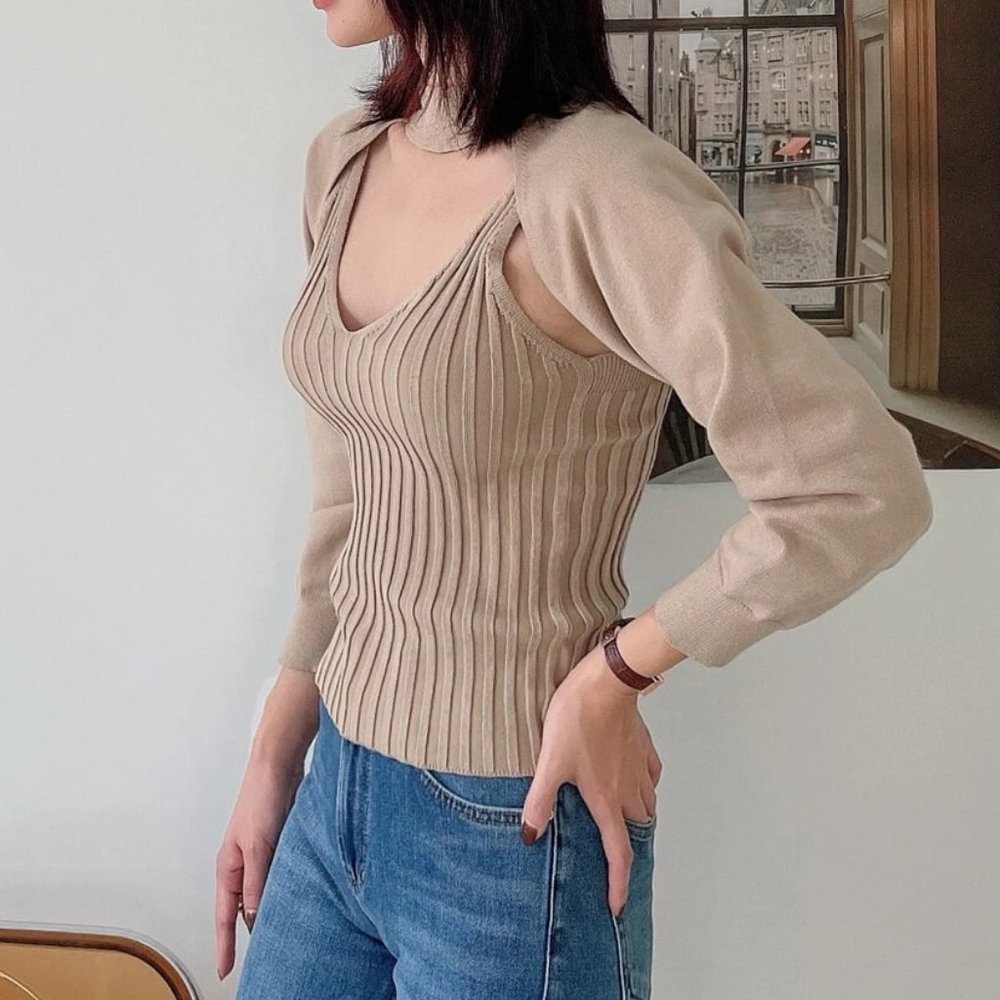 Beige Ribbed Cami Top and Crop Arm Sweater Fall WI - Picture 2 of 8
